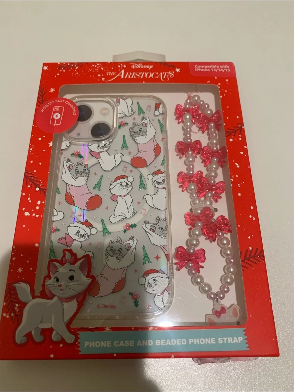 Disney The Aristocats Pink & White Cat Pattern Phone Case with Beaded Bow Strap